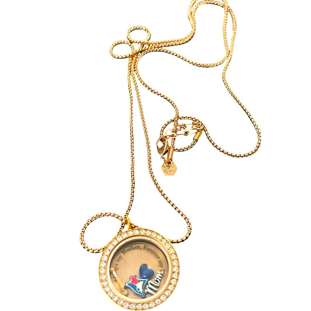 Oragami Owl rose gold locket pendant chain, Toronto blue jays charms